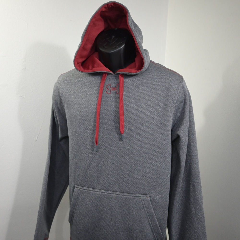 Under Armour Hoodie Mens Medium Loose Fit Gray Red Embroidered Logo Pullover